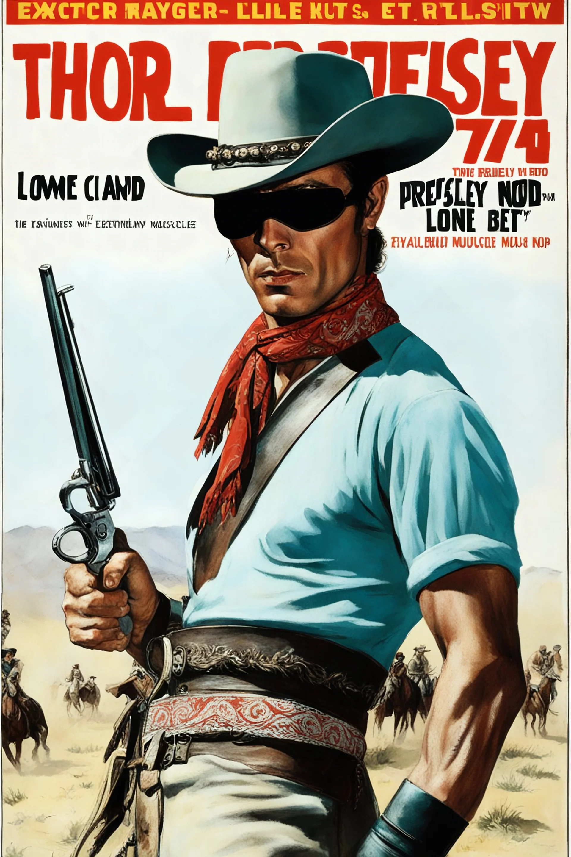 Full Color - Extremely muscular E.A. Presley aka the LONE RANGER, extremely over exaggerated muscles, short, dark, crew-cut hair, large, curved down nose, large square chin, dark, intense eyes, light blue, skintight, formfitting cotton jumpsuit, red kerchief bandana, black venetian mask, double holstered utility belt, two Colt 45 caliber pistols, knee-high cowboy boo