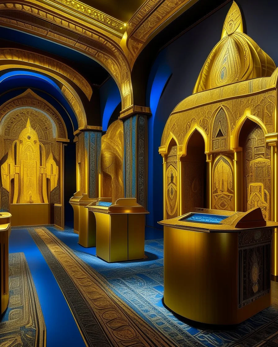 A dark yellow luminous casino theme park designed in ancient Egyptian architectures and sculptures painted by the Limbourg brothers