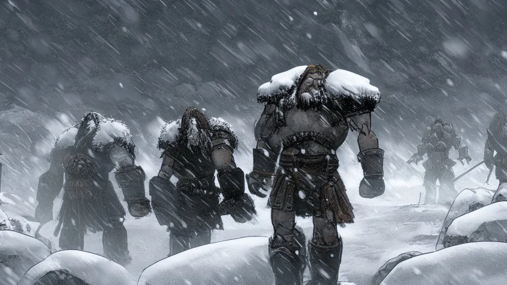 Warriors in blizzard, comic style