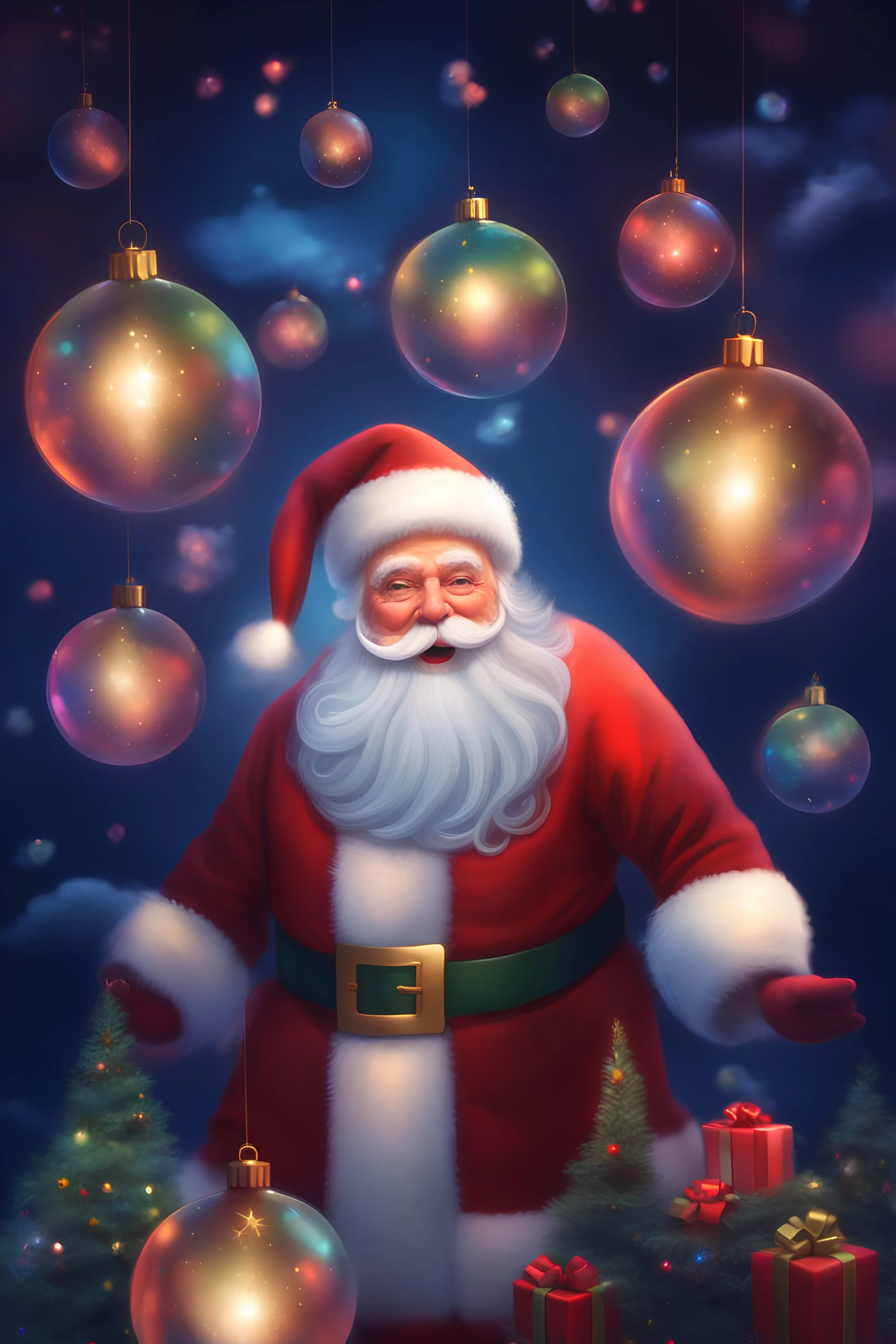 Christmas Themed -- Multicolored 3D Bubbles, multicolored, Floating 3D hearts with an electrical current, fog, clouds, somber, ghostly mountain peaks, a flowing river of volcanic Lava, fireflies, Christmas tres, a close-up, portrait of Santa Claus smiling a big bright happy smile, wearing his traditional Christmas uniform, in the art style of Boris Vallejo