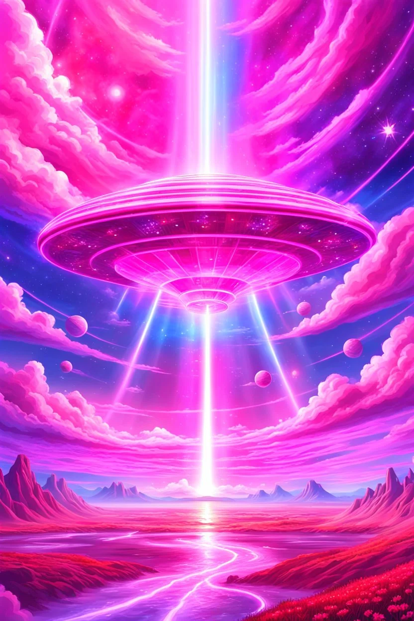 vaisseau interdimensionnel de couleur rose, grands rayonnements, dans un cosmos rose et jeu très étoilé d'or, 8K,ufo rainbow