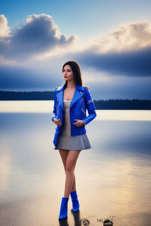 half body shot,realistic portrait of a 20-25 old caucasian model, long blue pink flowing hair, great grey eyes, blue leather jacket,full body, short white skirt,long legs,standing at beach of very nive lake with sunset ,clouds,godrayes