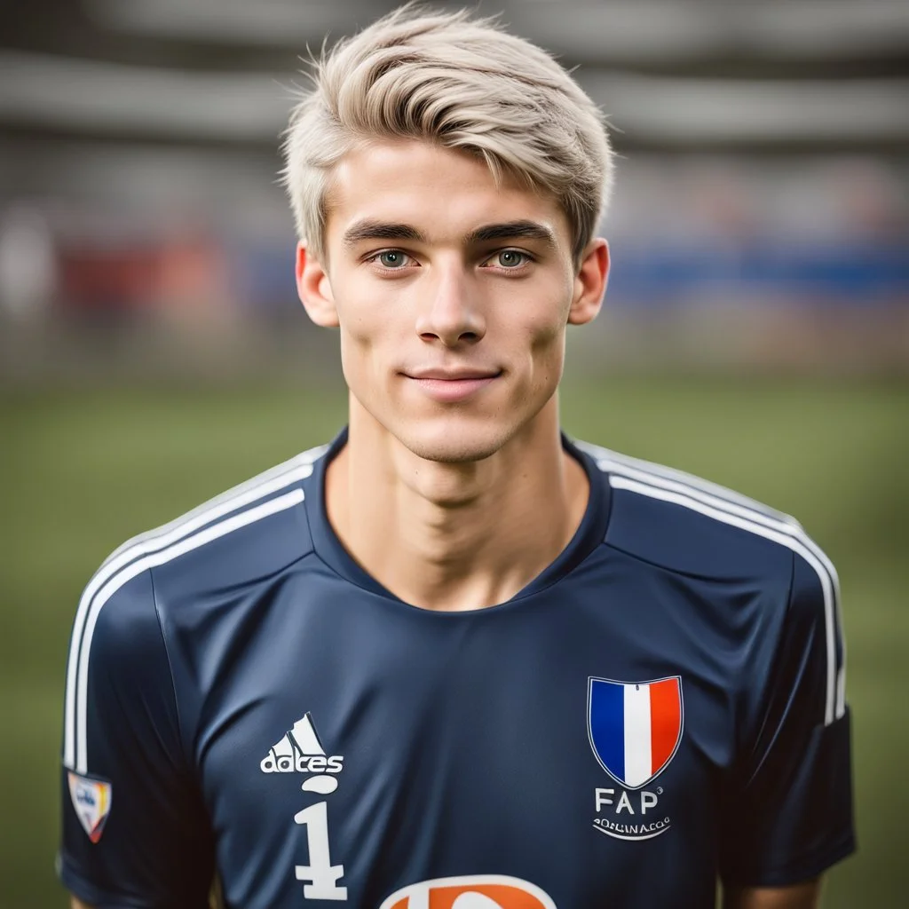 85mm DSLR color photography of a very detailed headshot fitting all of head and hair in frame. 18-year-old French soccer player, and with no facial hair and has no facial hair, has medium length straight white hair with a small smile, grey background