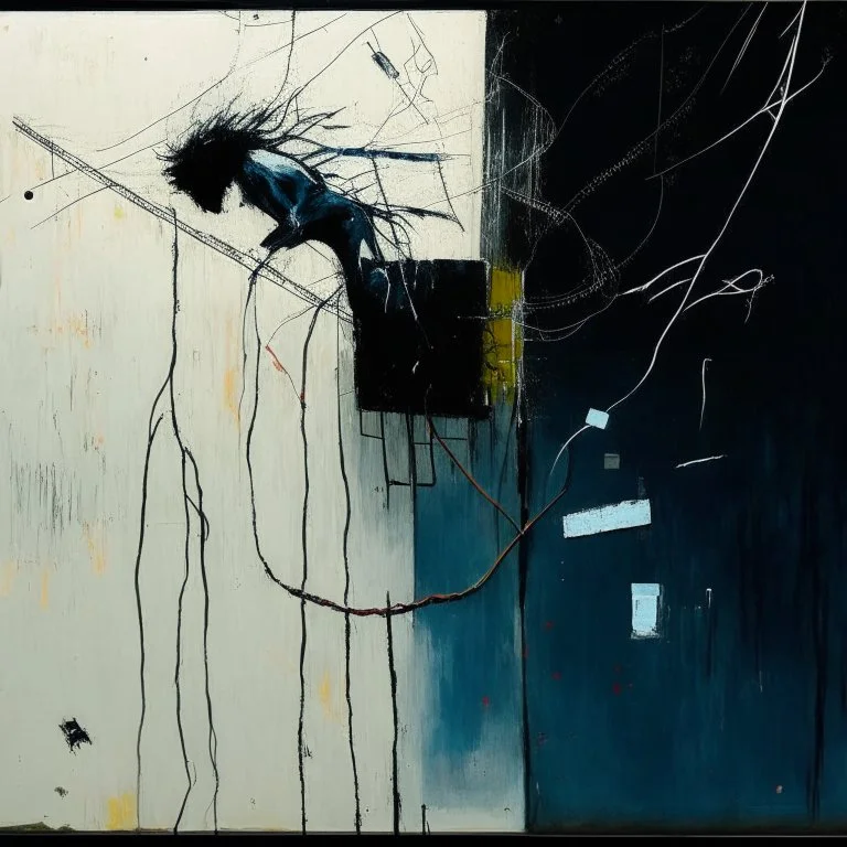 Minimal abstract oil painting of a falling person limbs sinew. Amongst concrete fragments brutalist architecture and hanging wires illuminated at night. In the style of Justin Mortimer and Phil Hale and Ashley Wood