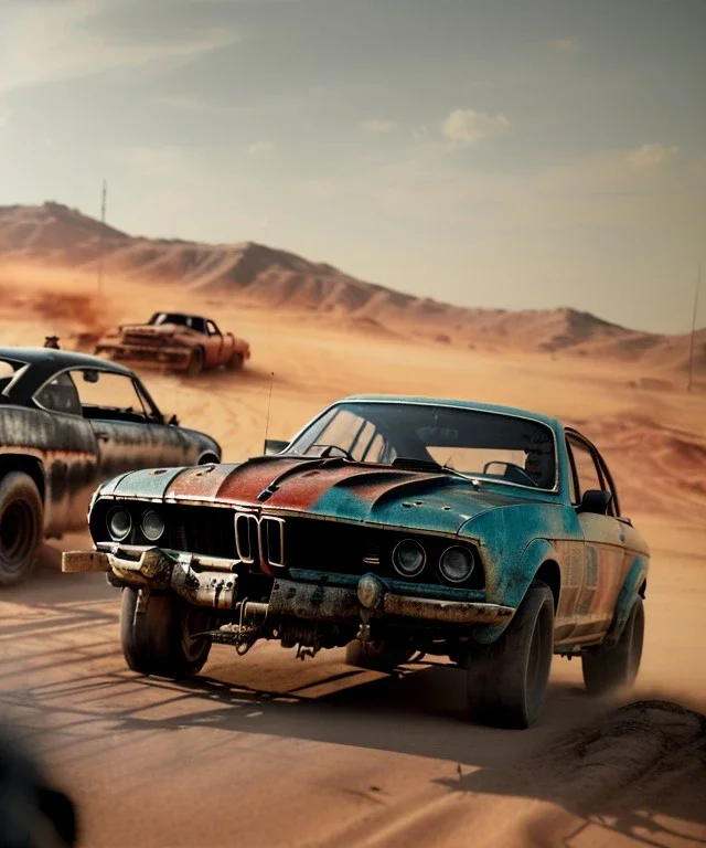 Realistic image. Mad max car. BMW 4 series, 2023 . woman in the foreground. 4k resolution, intricate details, ornate details, soft lighting, vibrant colors, mad max background