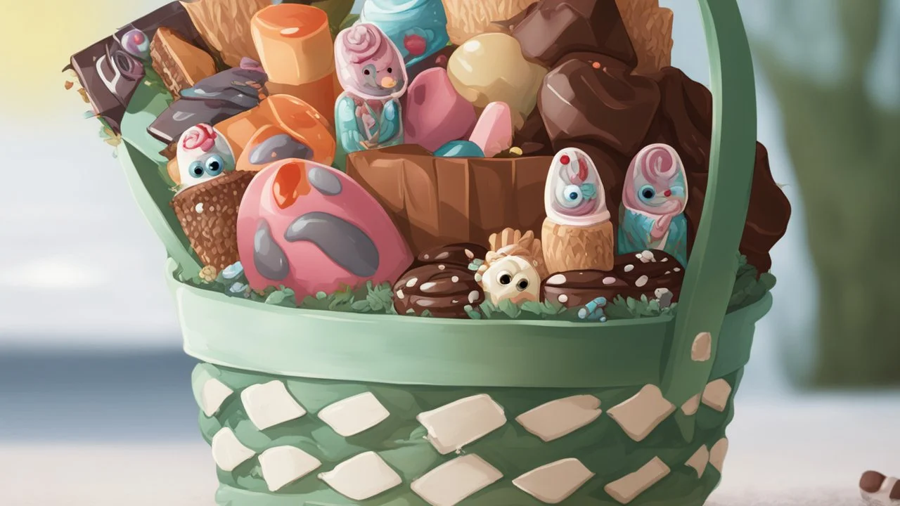 Fantasy cartoon illustration: a basket full of chocolate treats