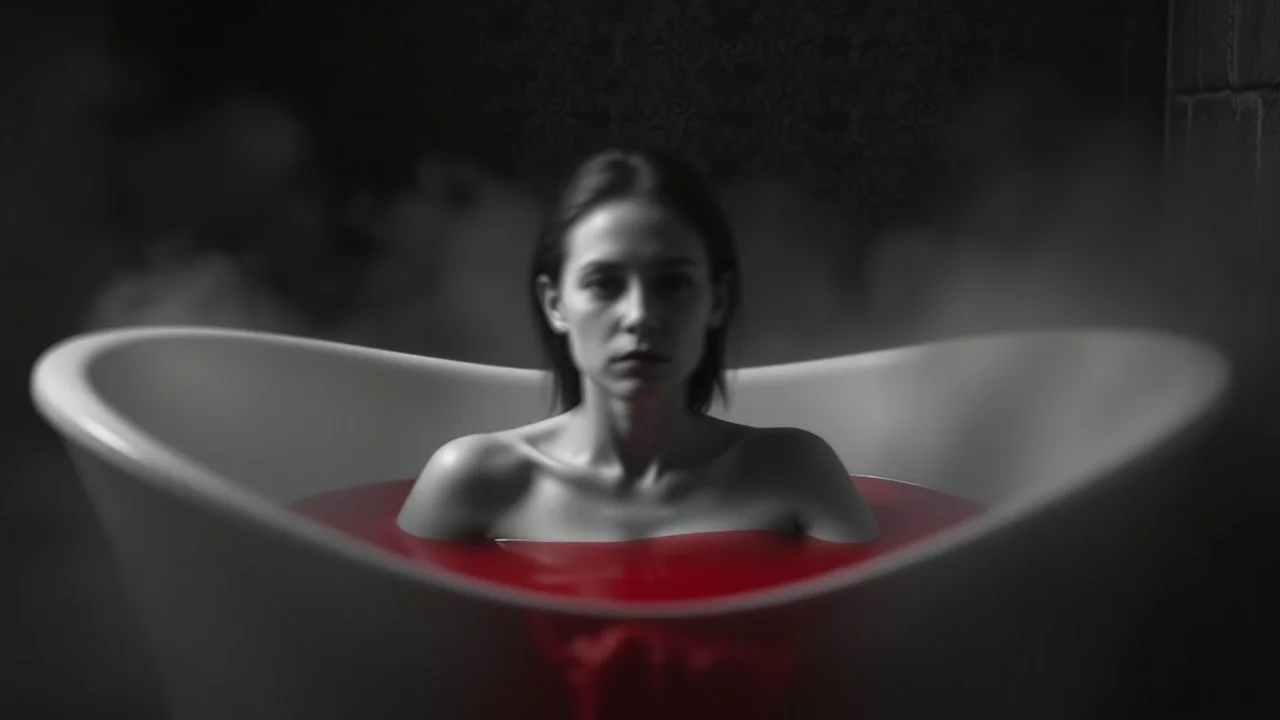monochrome photo of very blur face pale woman sitting in bath tube around her red water, in bath, blur fog, background one black demonic shadow, dark gray old wall, darkness around, sad, surreal dark vibe, dark colors, in wall circle dark deep abyss,splash art, cinematic, depressive vibe