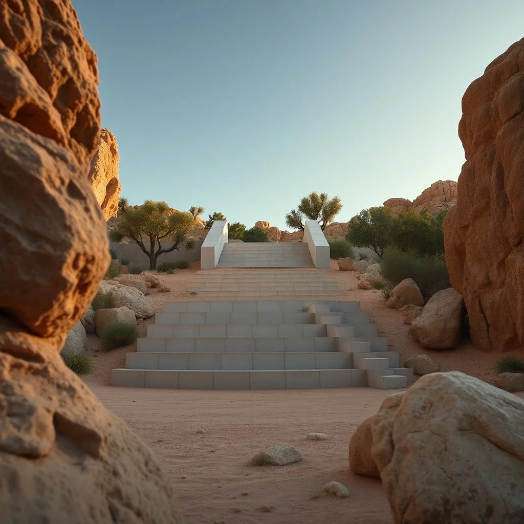 A realistic photograph of a desert landscape with a brutalist-style light concrete structure in the center, with very high steps that are impossible to climb, and rocks and trees around it. Details of the rocks very accentuated