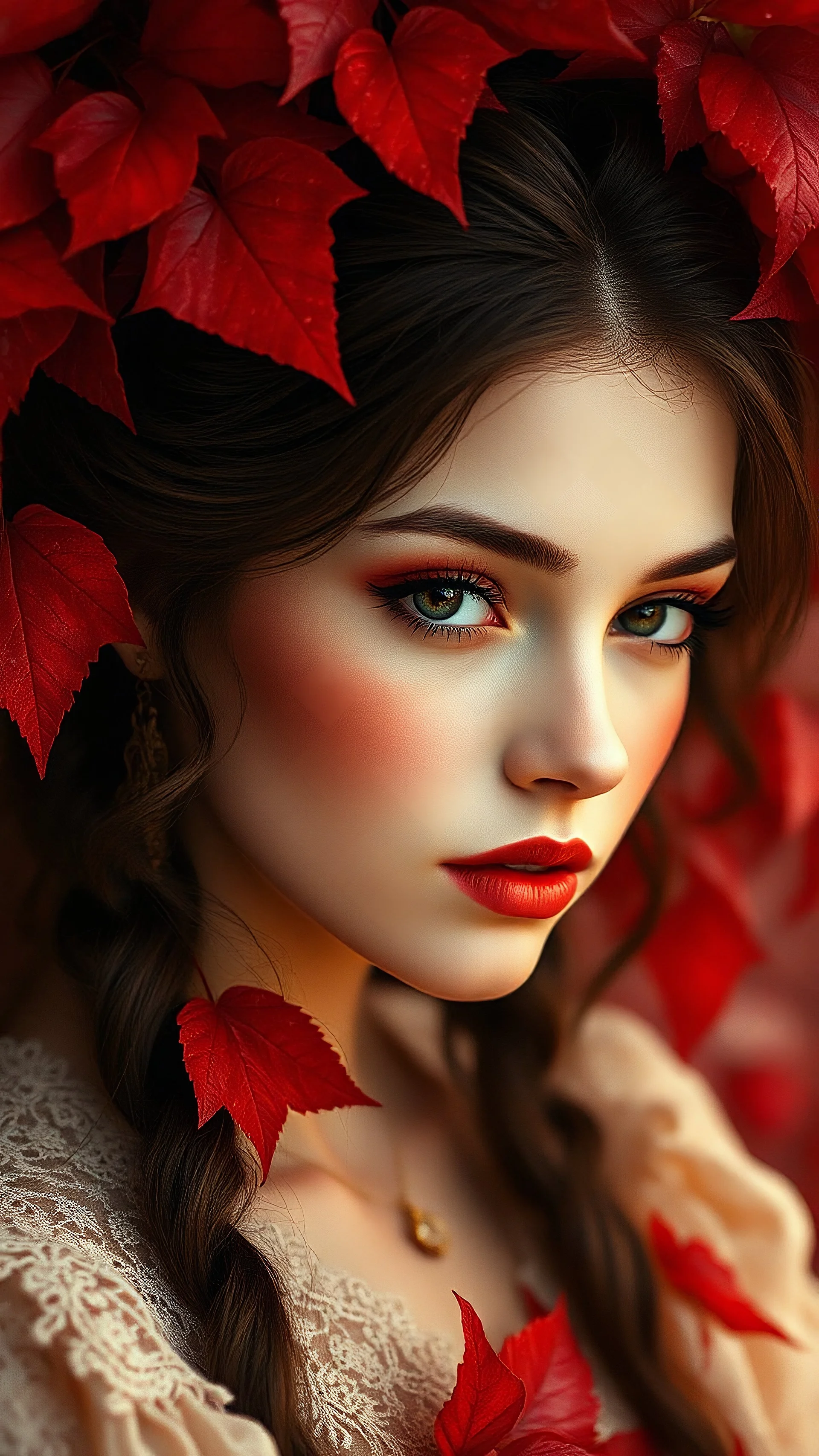 A very beautiful girl face, the setting is in a blend of old world aesthetics and red creamy red and red fantasy in a dreamlike ethereal and in the magical style of Charlene McNally all in red colours red leaf’s