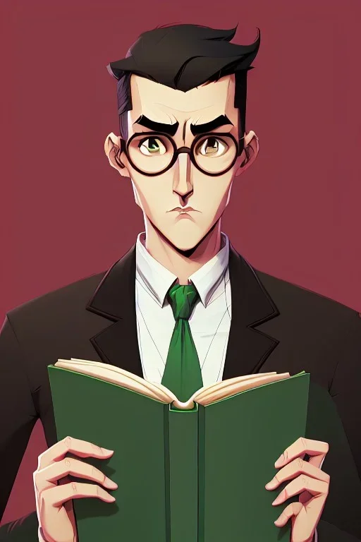 Fit man in round glasses with bookshelf in background,no beard, reading book, slim, tie, monotone, green eyes, comic book style, two tone colours, detailed, ink, realistic, handsome, square jaw, big brows, no jacket, bird on the shoulder, spotlight