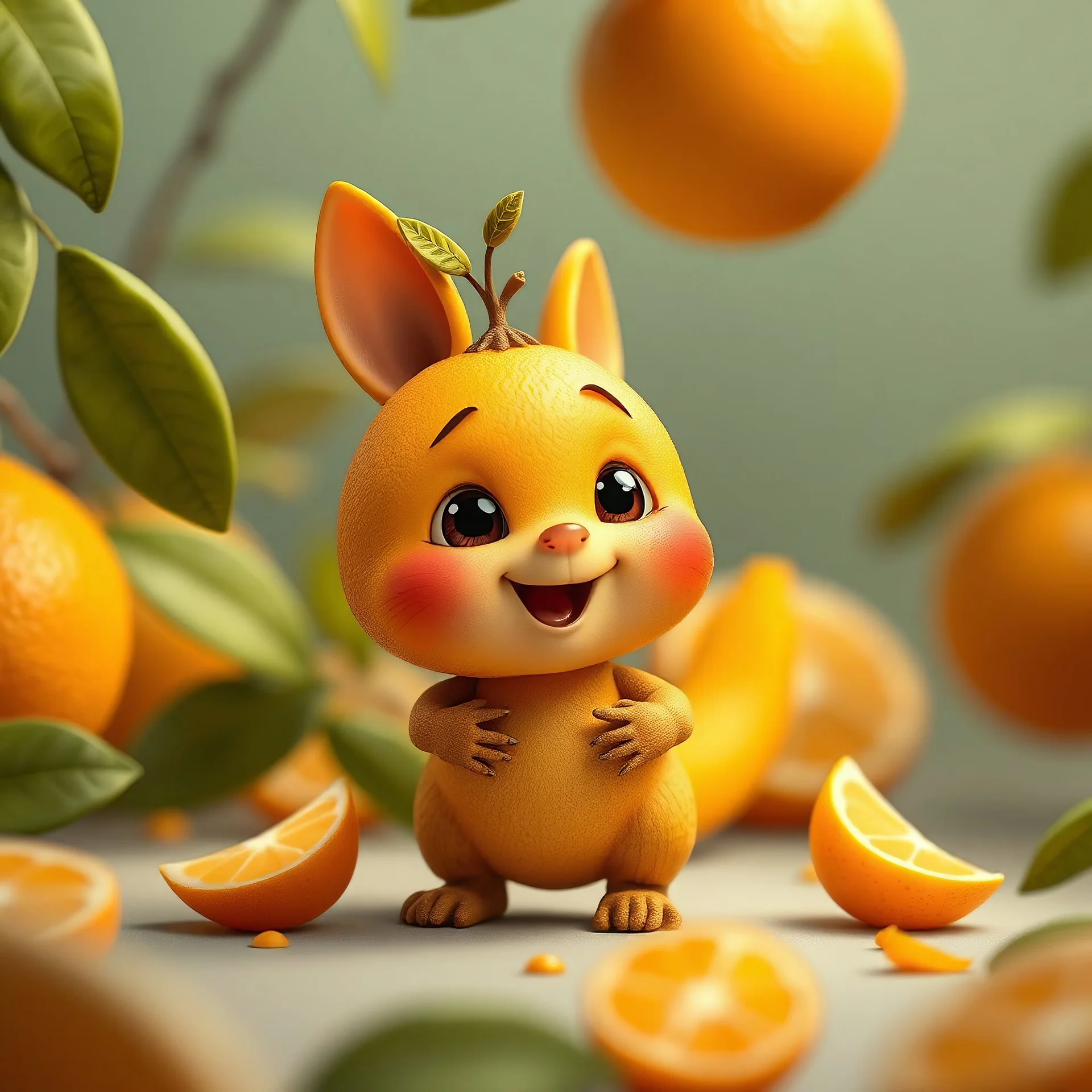 anthropomorphic baby fruit orange cartoon, sentado, ULTRA REALISTIC