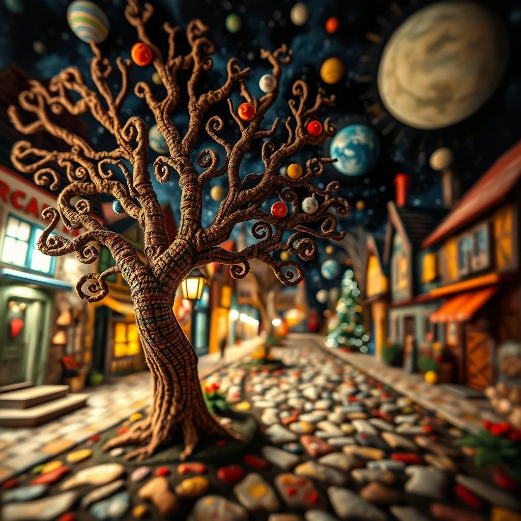 Photograph hasselblad h6d400c --ar 85:128 --v 6.0 of a fairy old bewitched street, tree, made of felt art, tiltshift, 3d deep field, galaxies and planets, needlepoint, Joan Miró, odd, abstract, expressionist style, colorful holiday