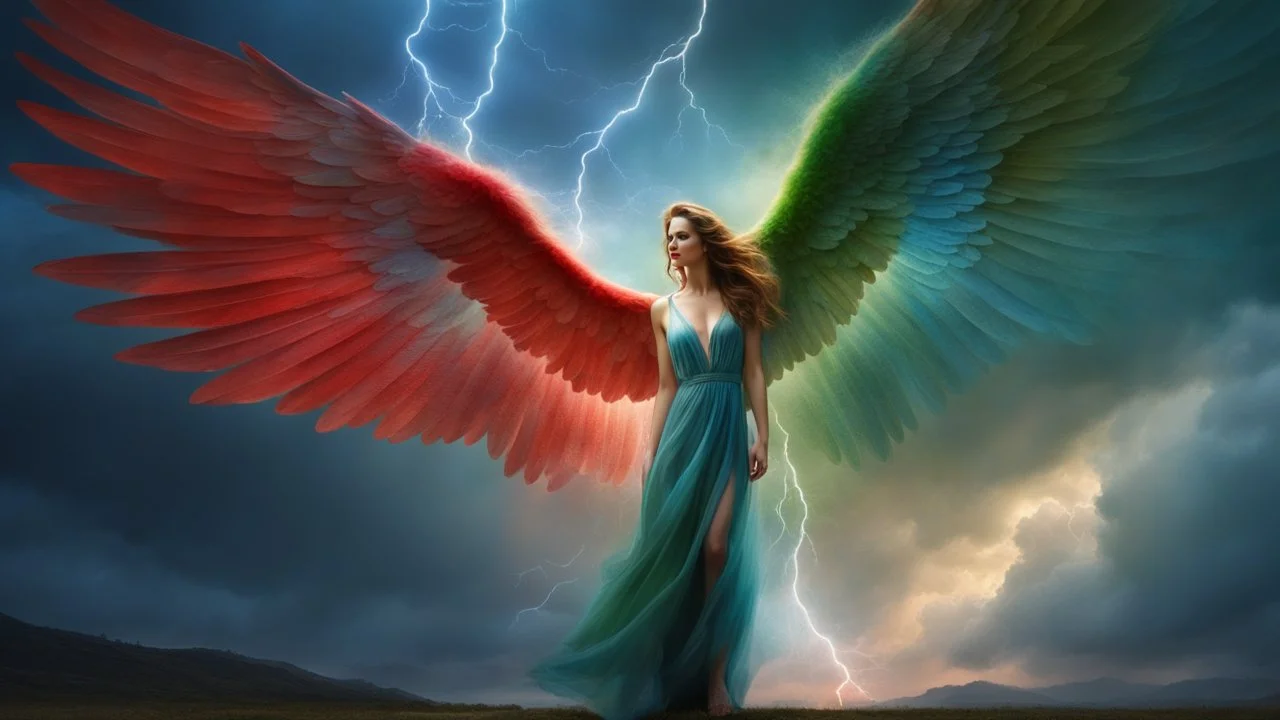 a beautiful, powerfull angel. huges wings. blues, green and red lightning. beautiful arms and hands. transparent nail polish. exquisite realism, a masterpiece, fantasy concept art, dynamic lighting, hyperdetailed, intricately detailed, deep color, volumetric lighting, Epic cinematic brilliant stunning intricate meticulously detailed dramatic atmospheric maximalist,