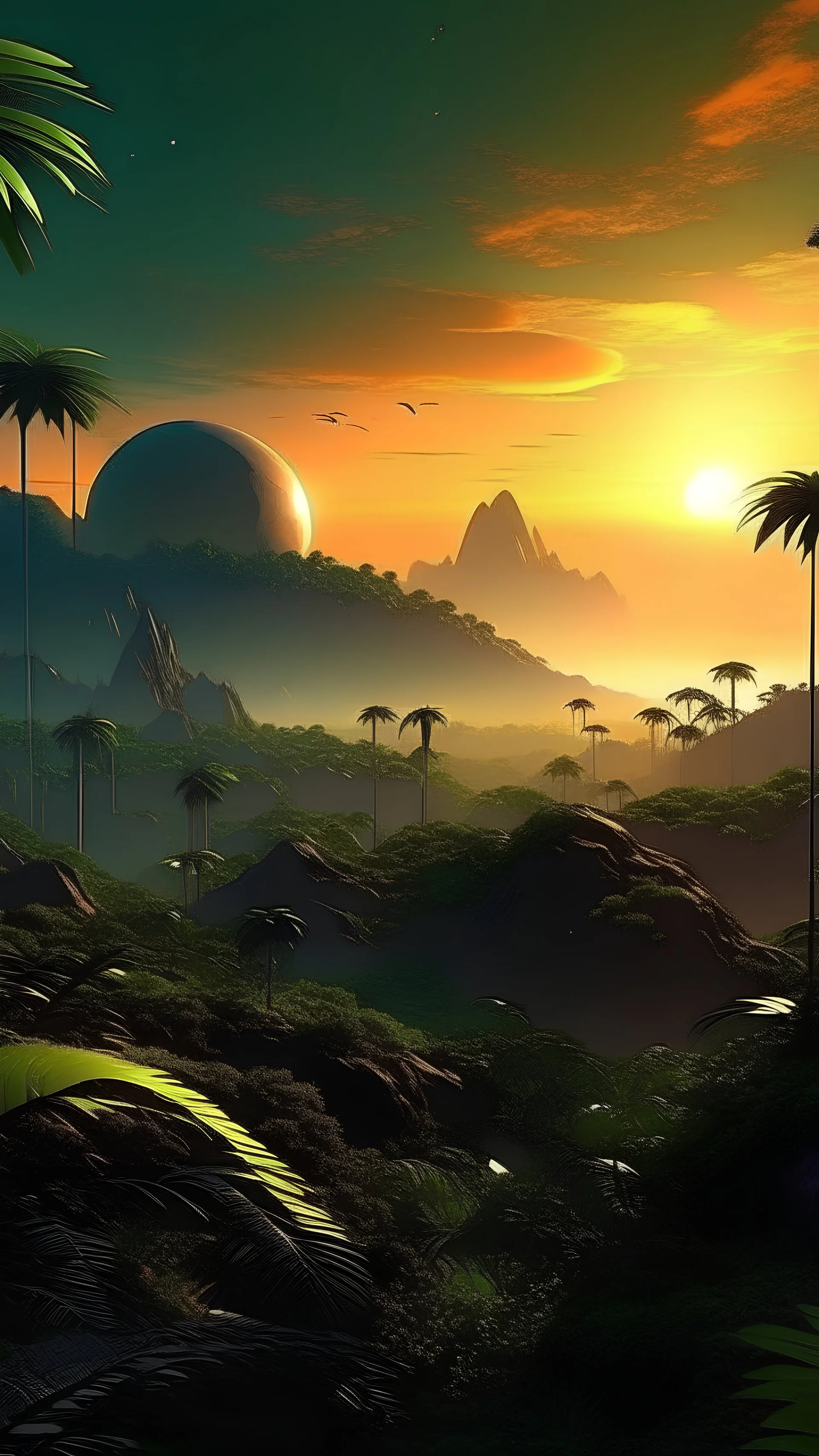 sci fi planet, sunset, jungle forest city