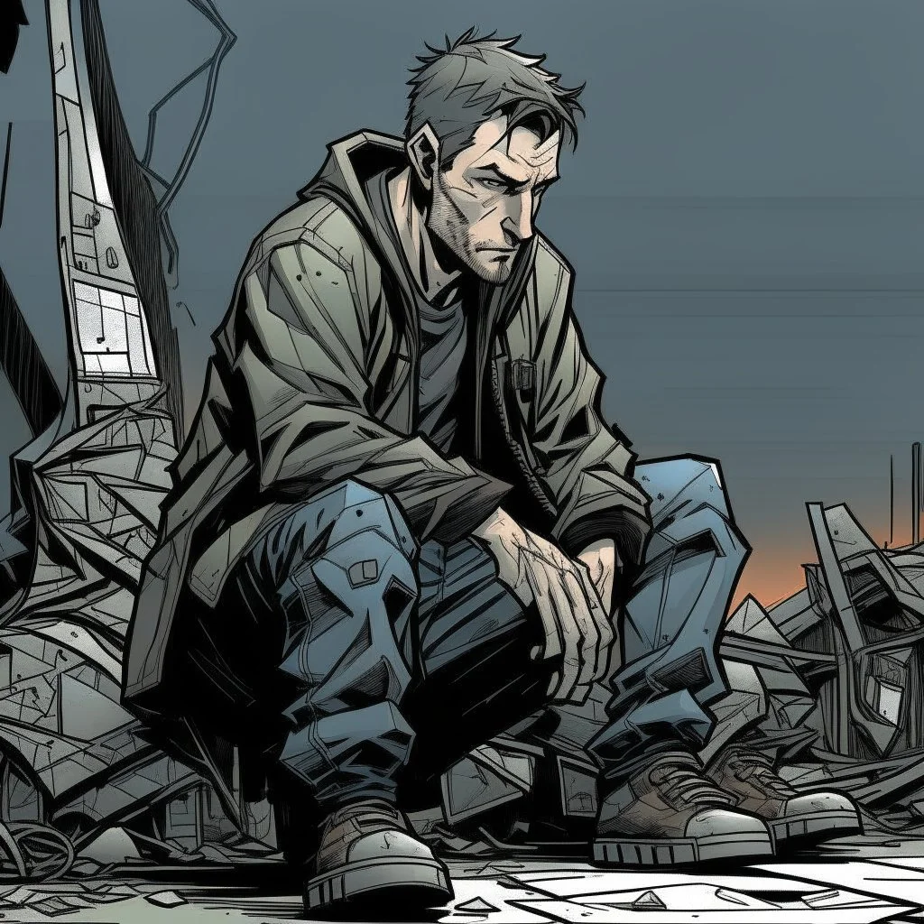 man, ethan hawk, sitting, comic book, post-apocalypse, grey background, illustration,