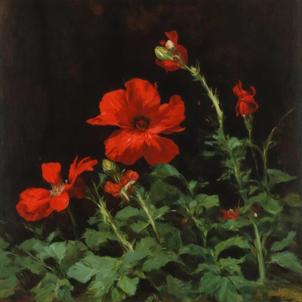 red flowers and vegetations, forest, doom, creepy, gloomy, gothic dark influence, john singer sargent paintings, and winslow homer paintings