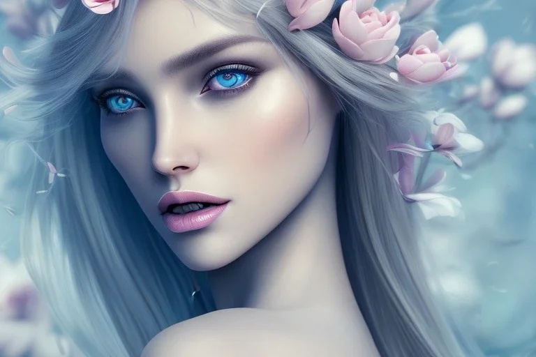 femme long cheveux blond blancs yeux bleus , 8k resolution, flower magnolia lotus rose, beautiful portrait, 8k resolution, flower head and body, beautiful