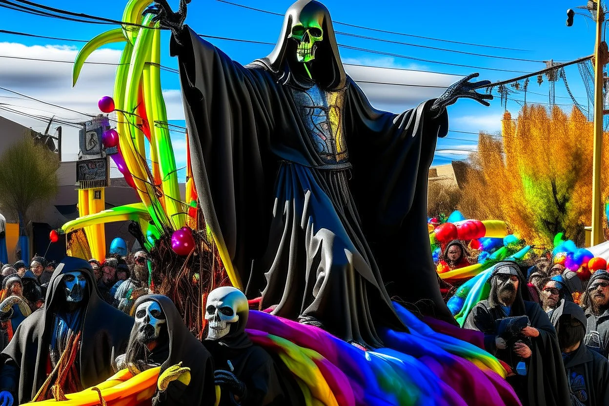 cartoonish jesus parade balloon pulled by multiple grim reapers, multi colored, bright, vivid, psychedelic, high detailed, high gloss, insanely detailed, matte, horrorcore, lining the street, unsettling contrast, monument to death, live action shot grim reaper parade, pulling a jesus parade float