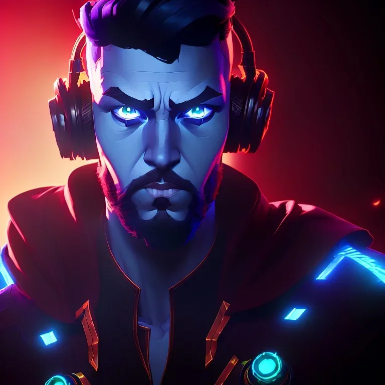 Emperor of the galaxy, DJ cyborg in a nightclub, particles, ambient occlusion, short bearded focused Christian Boshell with headphones. sin city style, photo-realism art, intense atmosphere, similar to a Michelangelo art direction with parralax