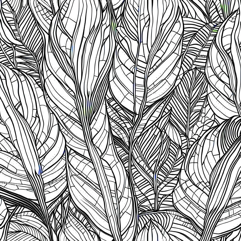 seamless banana leafs wallpaper pattern in vector lines, full page, black lines and transparent background, same line wieghts