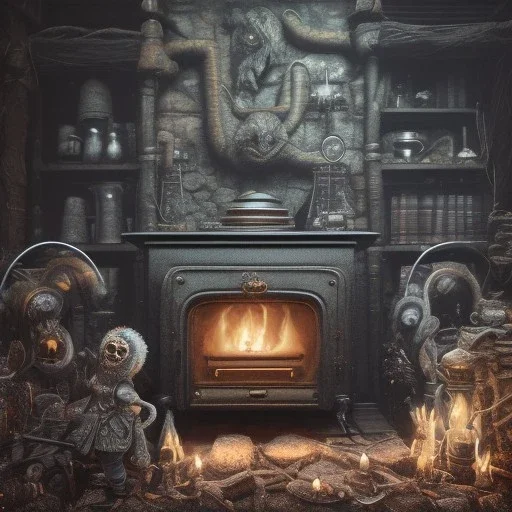 an viking fire place in old house, scary, zombie, steam punk, realistic, made in octane, cinematic, ultra-realistic, extremely detailed octane rendering, 8K, VRAY Super Real ar 2:3, dof photorealistic futuristic 50mm lens hard lighting dark gray tintype photograph, realistic lighting, sepia color