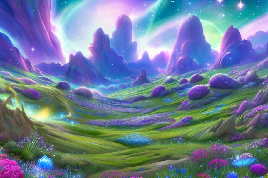 fairy and cosmic landscape with blue grass, magic plants, sky with light and stars