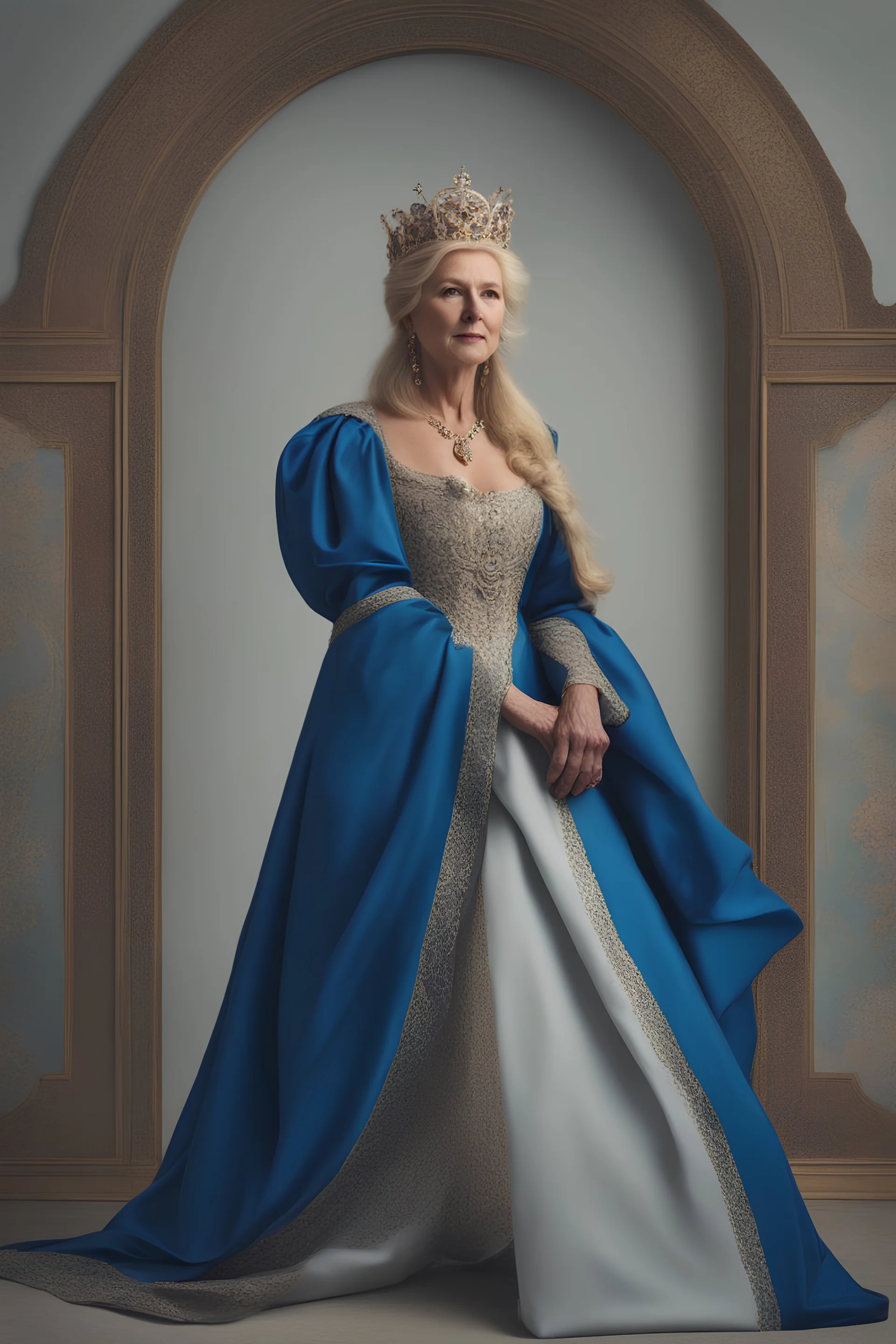Powerful classical portrait of a traditional blonde queen in her late 50s wearing a blue dress standing in a powerful position a little zoomed out