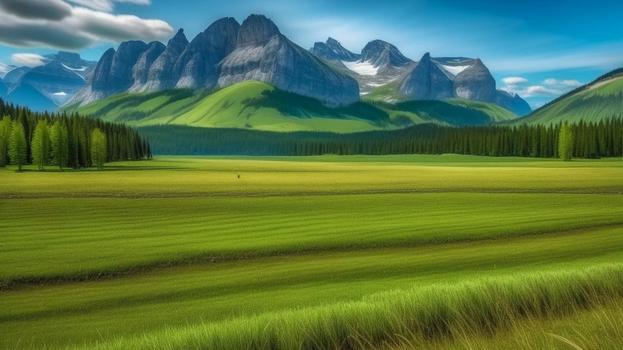 green sloping field near Banff with rocky mountains in the background