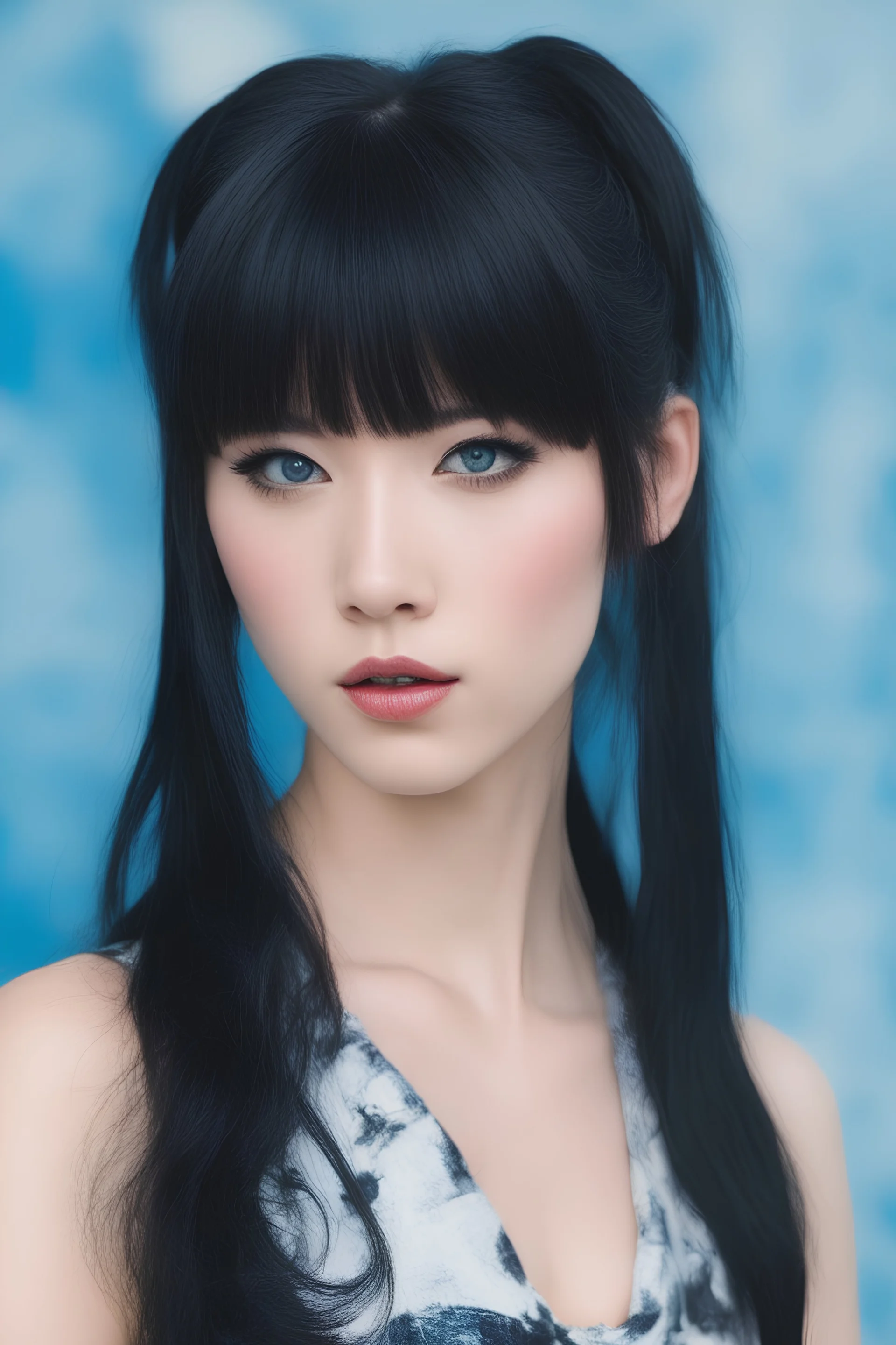 an absolutely gorgeous Japanese female named Christine Sixteen with Long, pitch-black hair, two ponytails, bangs cut straight across forehead, blue eyes, sky blue stained wall in the background, dressed as a member of the Rock and Roll band KISS,