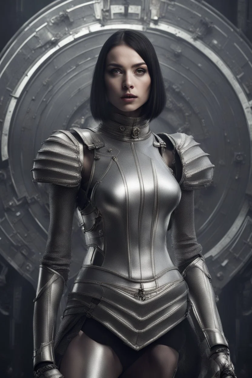 full body picture of a skinny woman with a bob, in silver armour, holding a curved sword, futuristic steampunk background