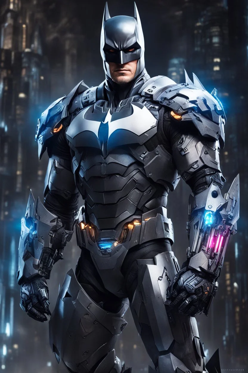 Halfbody Photography excited pose Batman with body mecha|full armor|organ|mystery|runes|neon|light, imbalances, mutations, anomalies, natural beauty