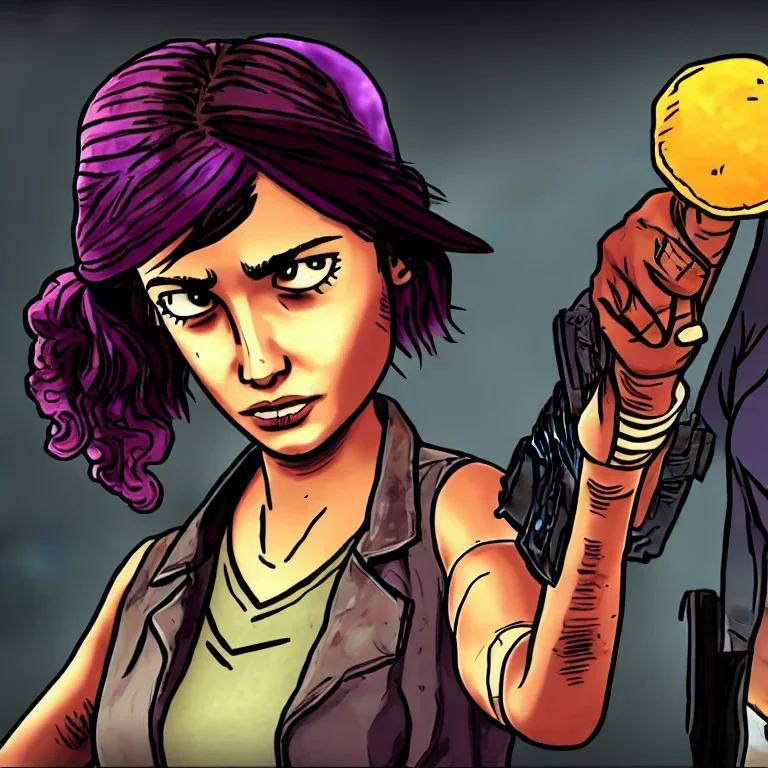 Clementine from the walking dead telltale fighthing some guys and she win beacause she strong art look like the game