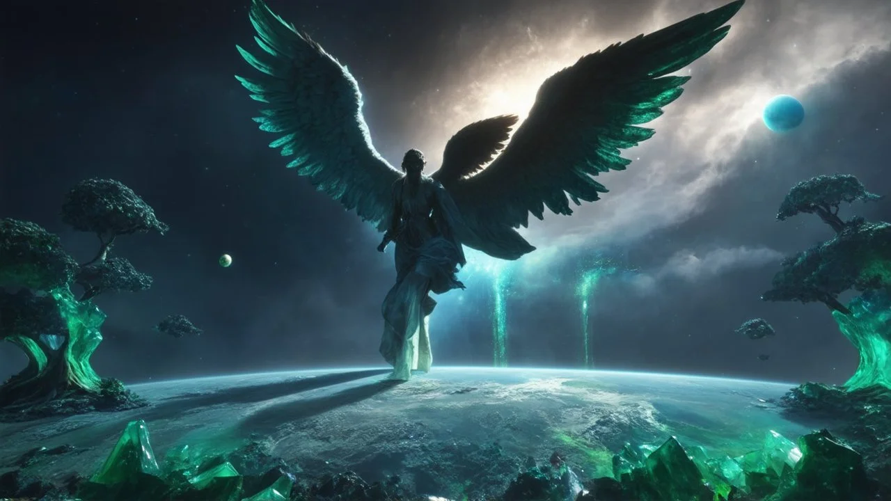 matrix universe, space, planets, god creation, angels from other dimensions with beautiful wings, trees on the planet, behind green crystals of light, few tiberium monolith deposits on the planet near tree,