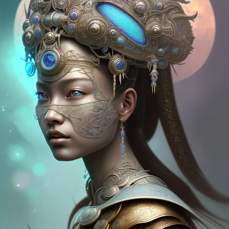 Sango fantasy, fantasy magic, intricate, sharp focus, illustration, highly detailed, digital painting, concept art, matte, art germ and Paul Lewin and Kehinde Wiley, masterpiece Mayan princess dancer head bronze feather's' Asian Latin girl nice breast brown Thai hair turquoise silver blue sky