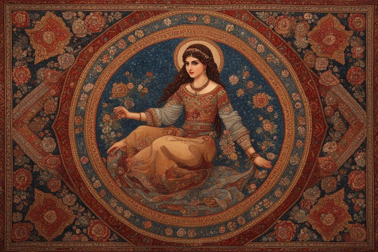 An intricate mosaic Iranian carpet from the Byzantine era in the center of the painting Beautiful gypsy girl.