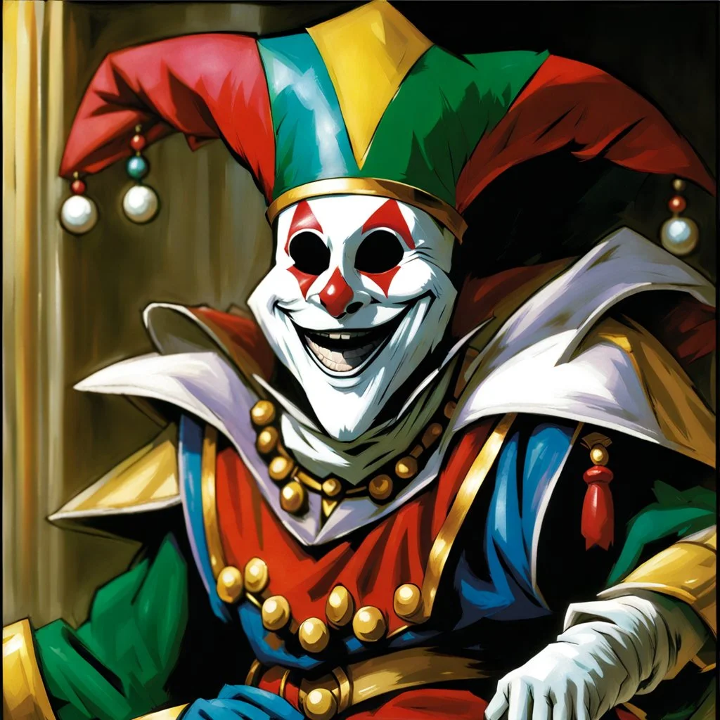 fantasy 90's tcg art jester with white mask happy heroic