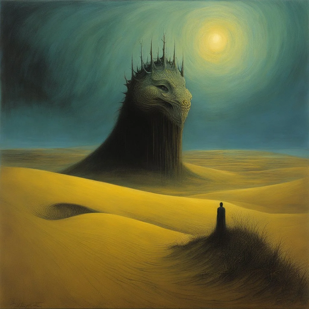 [art by Zdzisław Beksiński] A creature stirred, its reptilian eyes, I froze in terror, praying it wouldn't realize My presence, hidden, though my heart did pound. Then another came, adorned in tribal crown. Wandering these dunes, a mystery unbound, Visions and memories, swirling all around. What forces brought me to this alien ground? A soulful lament, my heart's resound.