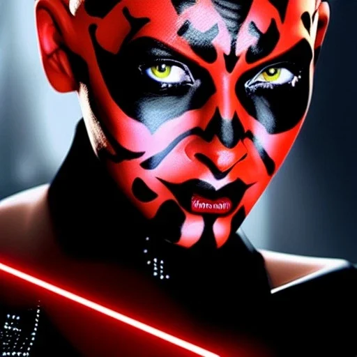 Ultra detailed fullbody Portrait in oil on canvas of beautiful female darth Maul with red lightsaber,extremely detailed digital painting,ultrarealistic skin,intense stare, extremely detailed face, crystal clear eyes, mystical colors ,perfectly centered image, perfect composition, rim light, beautiful lighting,masterpiece ,8k, stunning scene, raytracing, anatomically correct, in the style of Simon Bisley and uncannyknack and Ohrai Noriyoshi and robert e howard and Steve Jung.