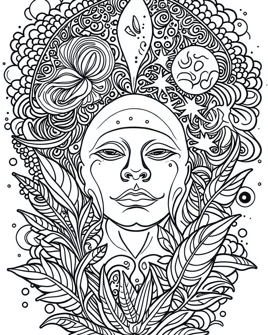 outline art for stoners coloring pages with A very simple and minimal design featuringA trippy cosmic journey through space, with planets and stars morphing into cannabis leaves, white background, sketch style, fully body, only use outline, mandala style, clean line art, white background, no shadows and clear and well outlined