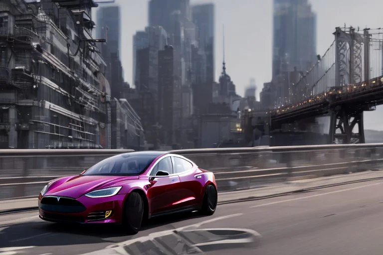 A Tesla 'Model S' is drifting at high speeds, near the 'Pier 11' in Manhattan. (CINEMATIC, WIDE ANGLE LENS, PHOTO REAL)