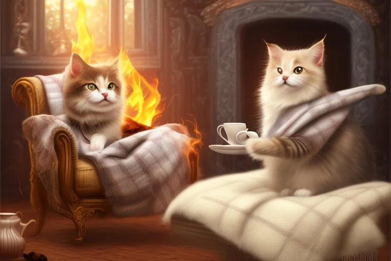 cute fluffy chibi cat reads sitting in a big soft armchair, covered with a plaid blanket, a teapot and steaming tea on a small table next to her, in sunlight. The fire in the fireplace is blazing.