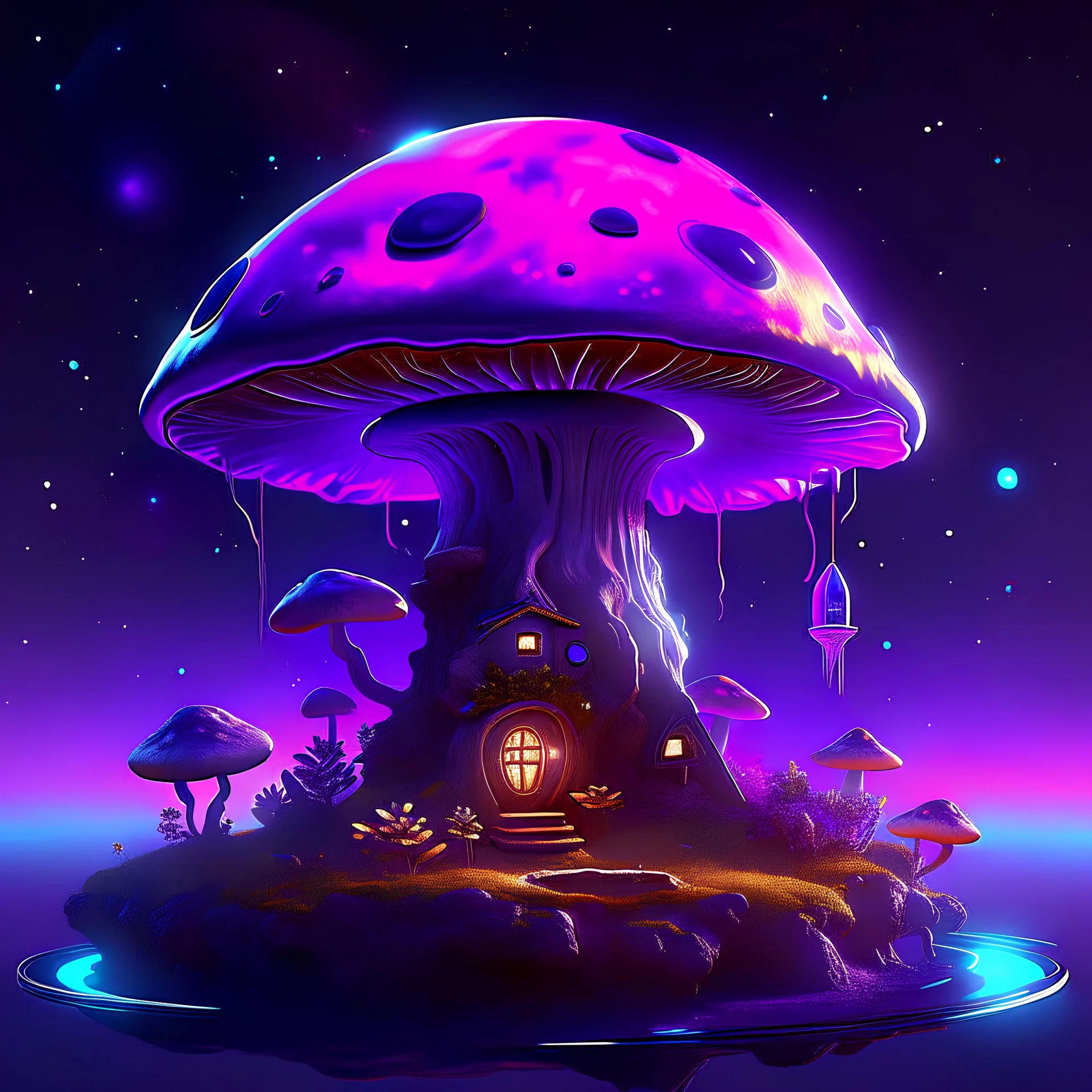 A floating island mushroom house in space. Triadic colors with purple, deep space nebulas. Detailed gloss Painting, intense color, fantastical, intricate detail, splash screen, hyperdetailed, insane depth, concept art, 8k resolution, trending on Artstation, Unreal Engine 5, color depth, good lighting, splash art, dramatic, masterpiece, excellent quality beautiful Fun Imaginative, unique composition