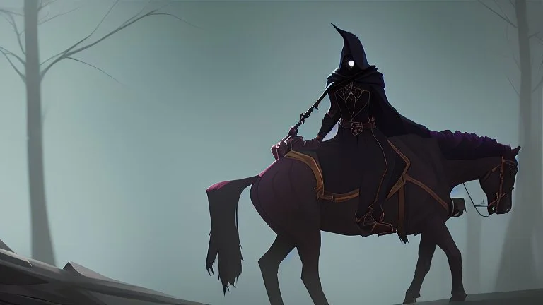 Dark robed wizard on a horse in the forest