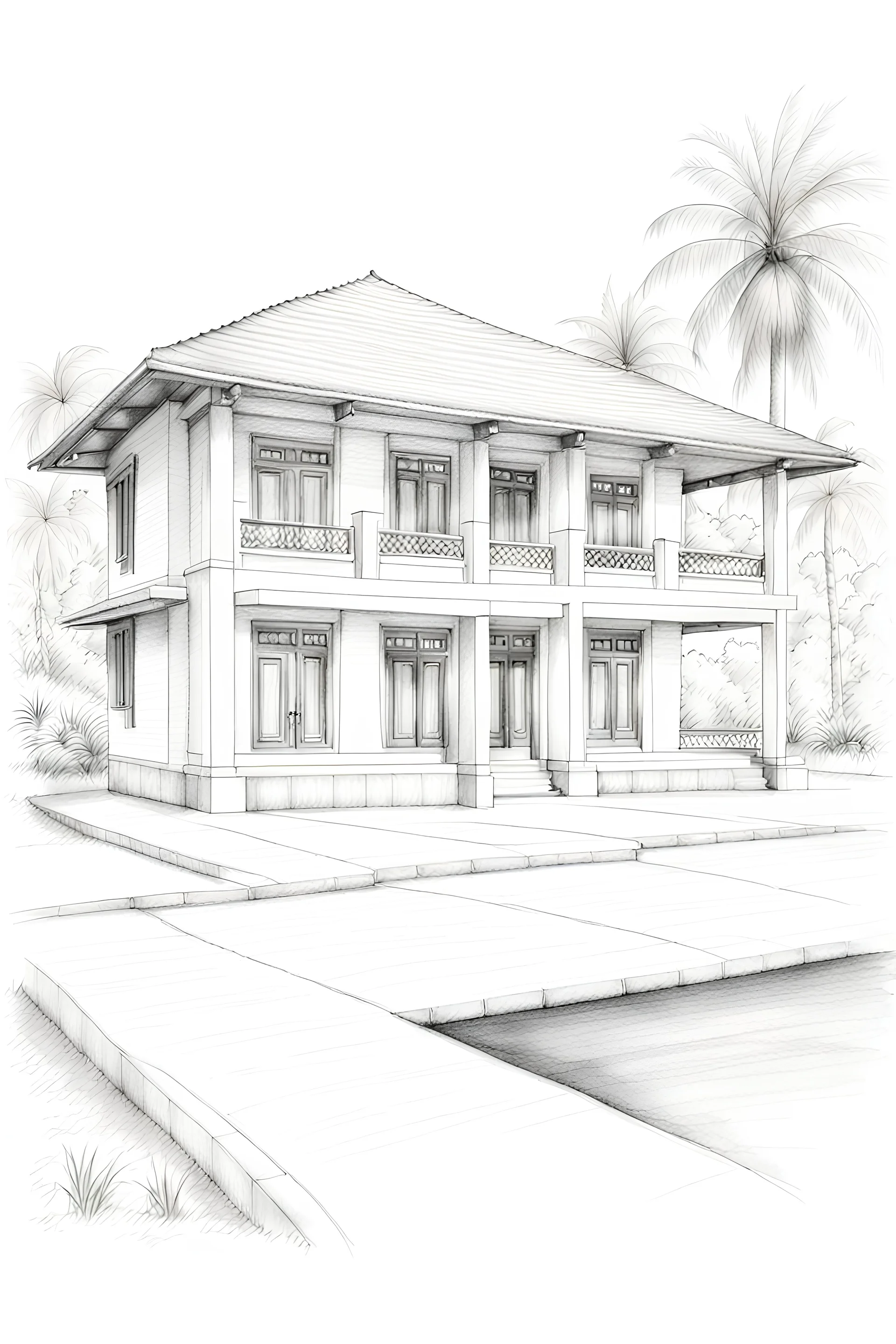 kerala style naalukettu architecture , single story building in waterfront, pencil sketch