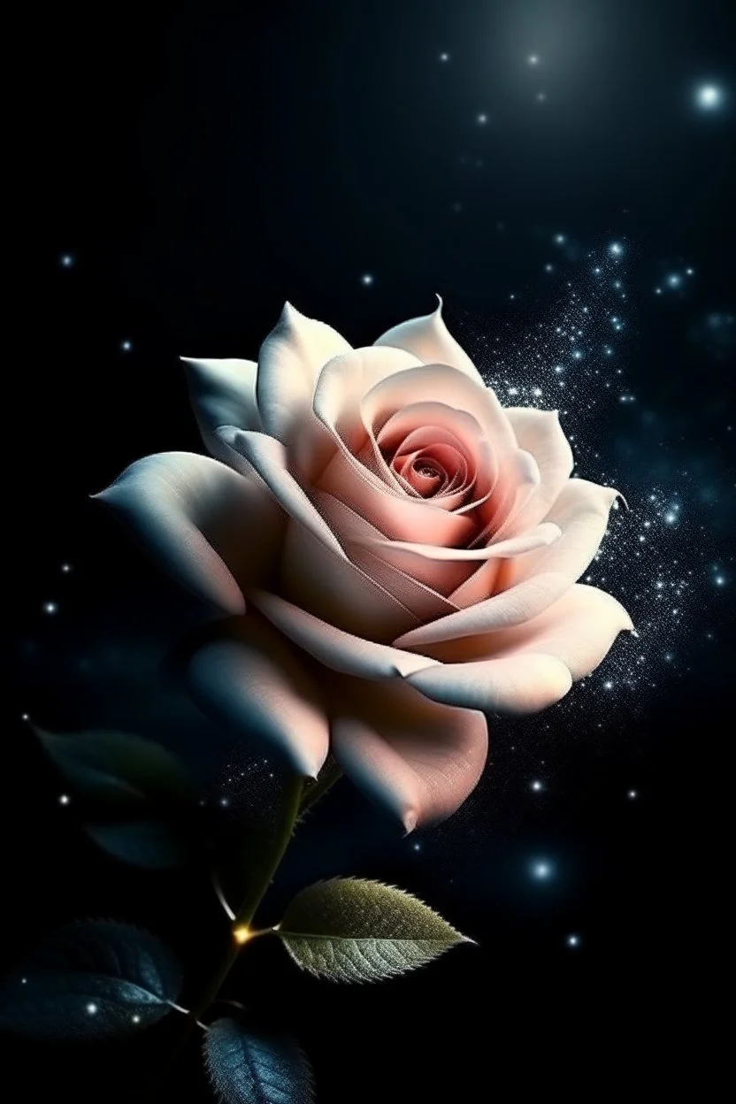 delicate creamy rose, night, bright stars, shine magic