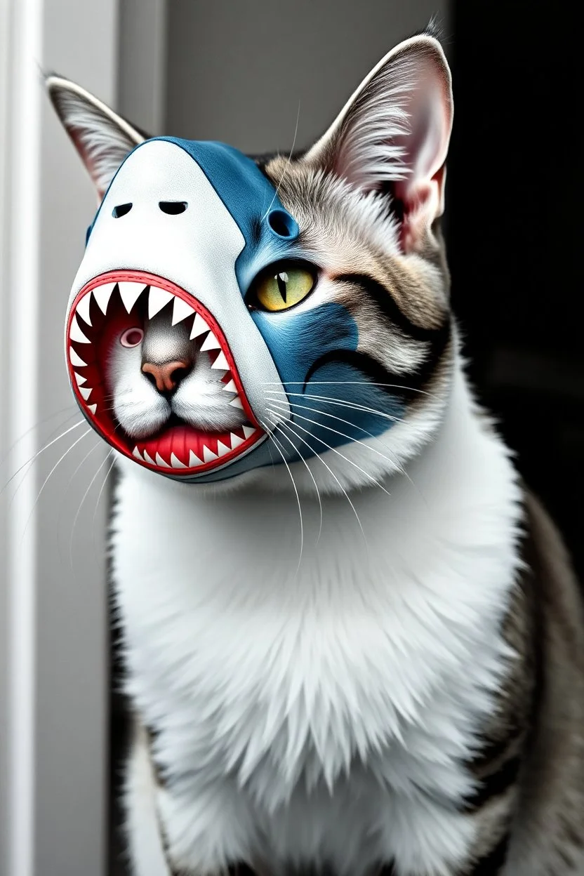 cat with shark mask in the style of warhol