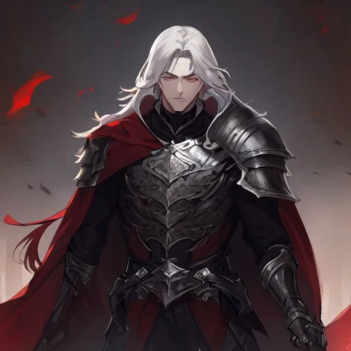 Vampire knight, young man, handsome, long white hair, black full plate armor, red cape