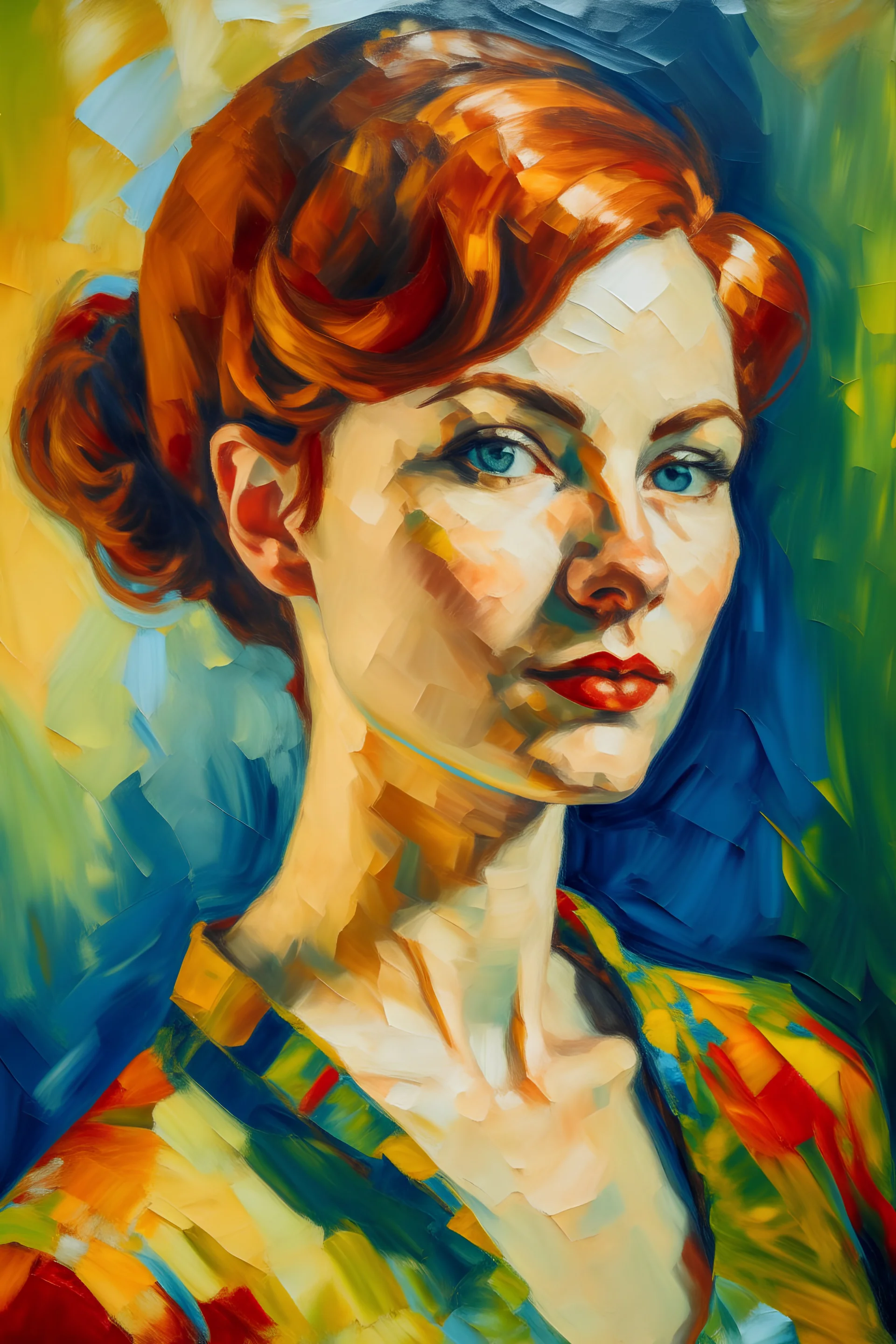 A painting of a woman in a post impressionist painting style