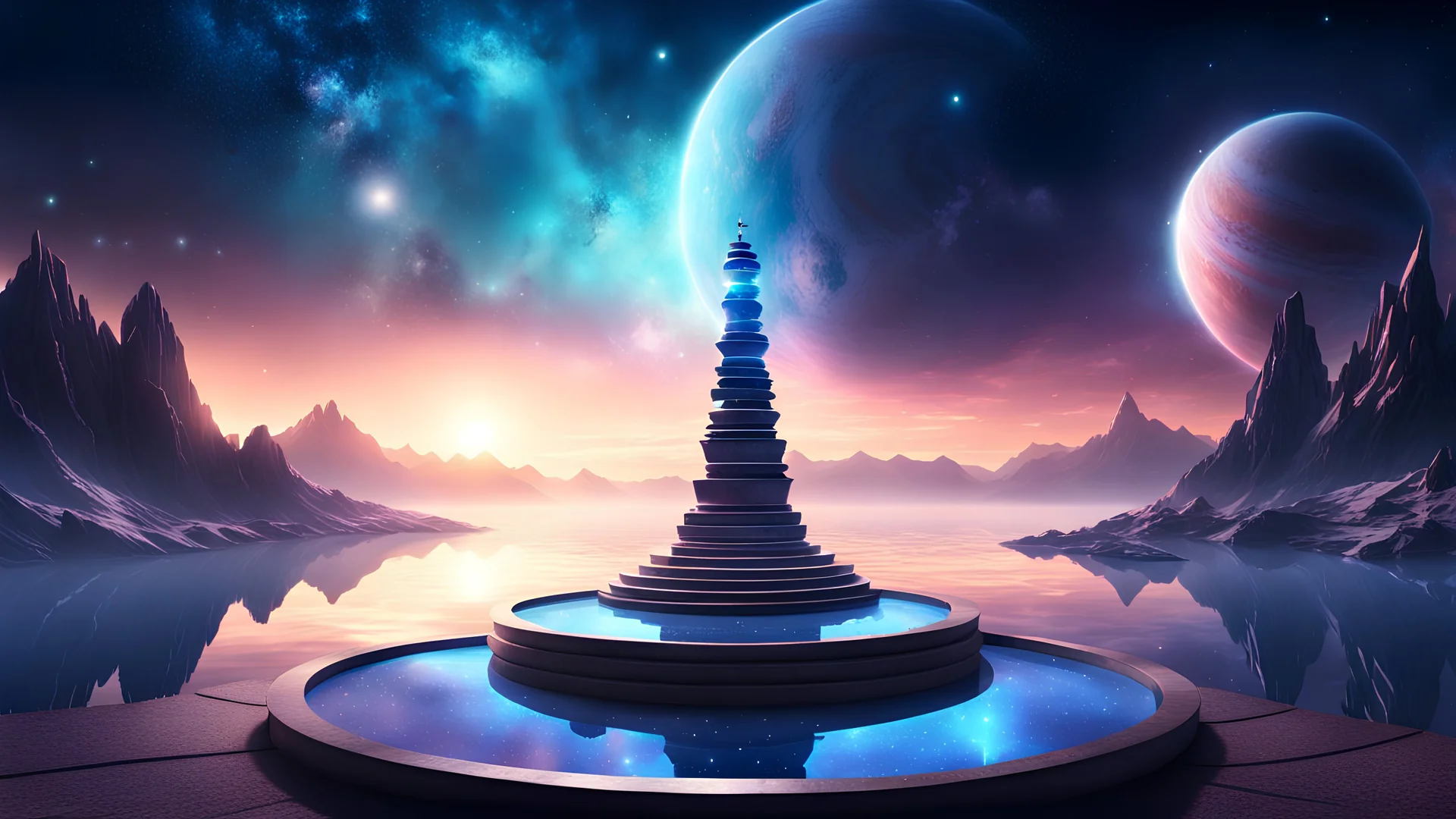 magic tower and meditation round podium , sky, ethereal space, cosmos, water, panorama. , Background: planet, bathed in the cold glow of distant stars. realty mountains, only sky, where you can see , panorama. Background: An otherworldly bathed in the cold glow of distant stars. gloomy landscape with dramatic HD highlights detailled.