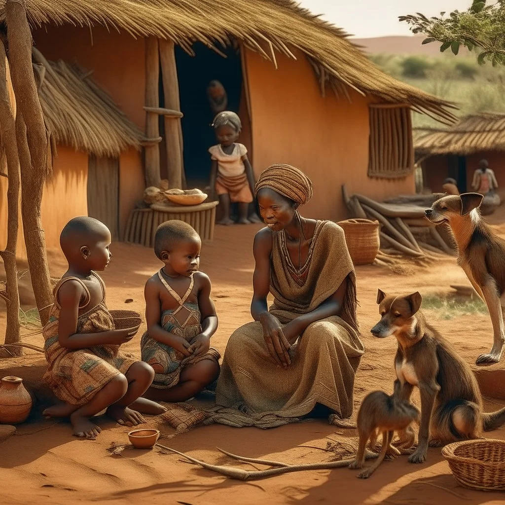 Two African women with their children in a remote village with some animals